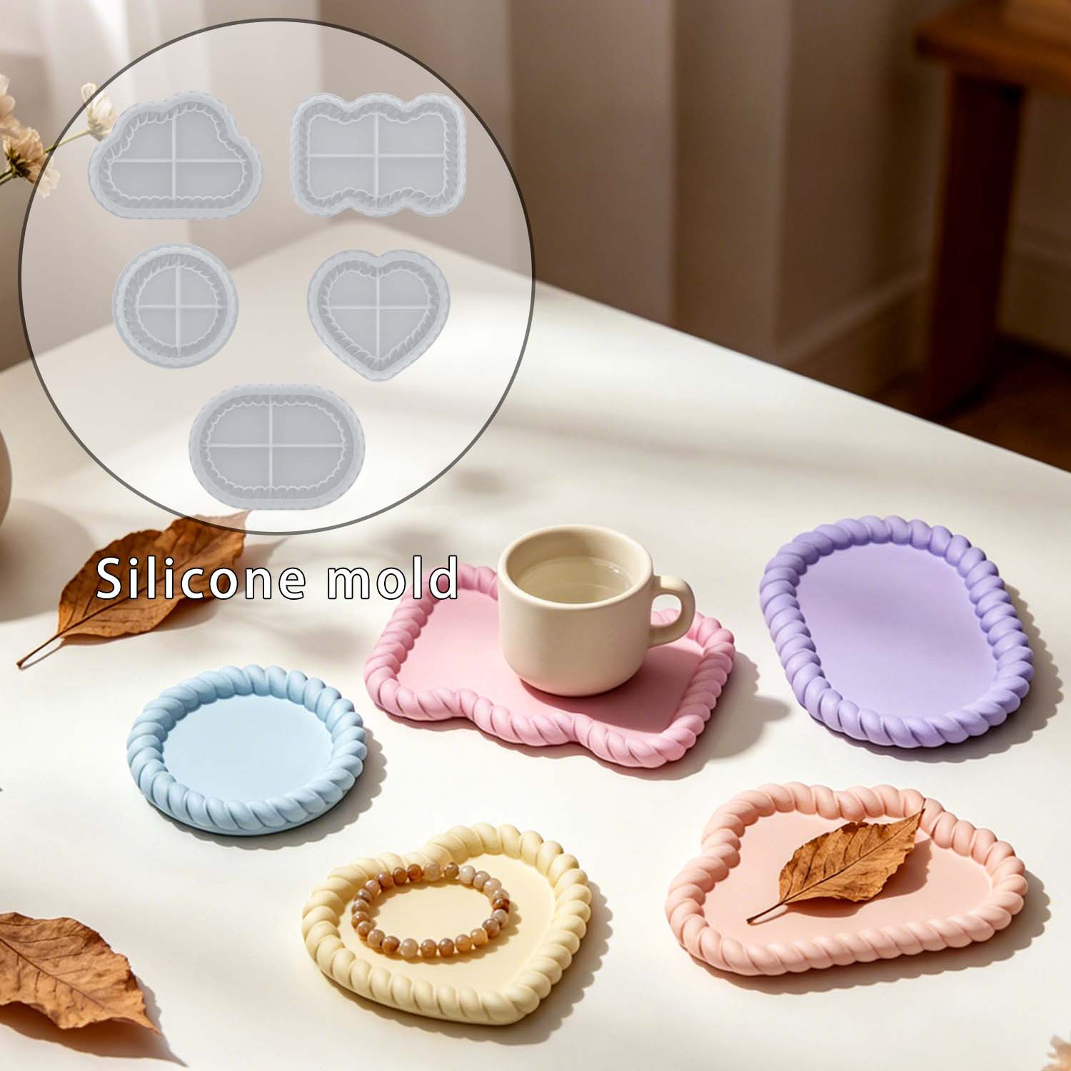 Serving Tray Mold - 다양한 황마 컵받침 세트, 크리스탈 레진